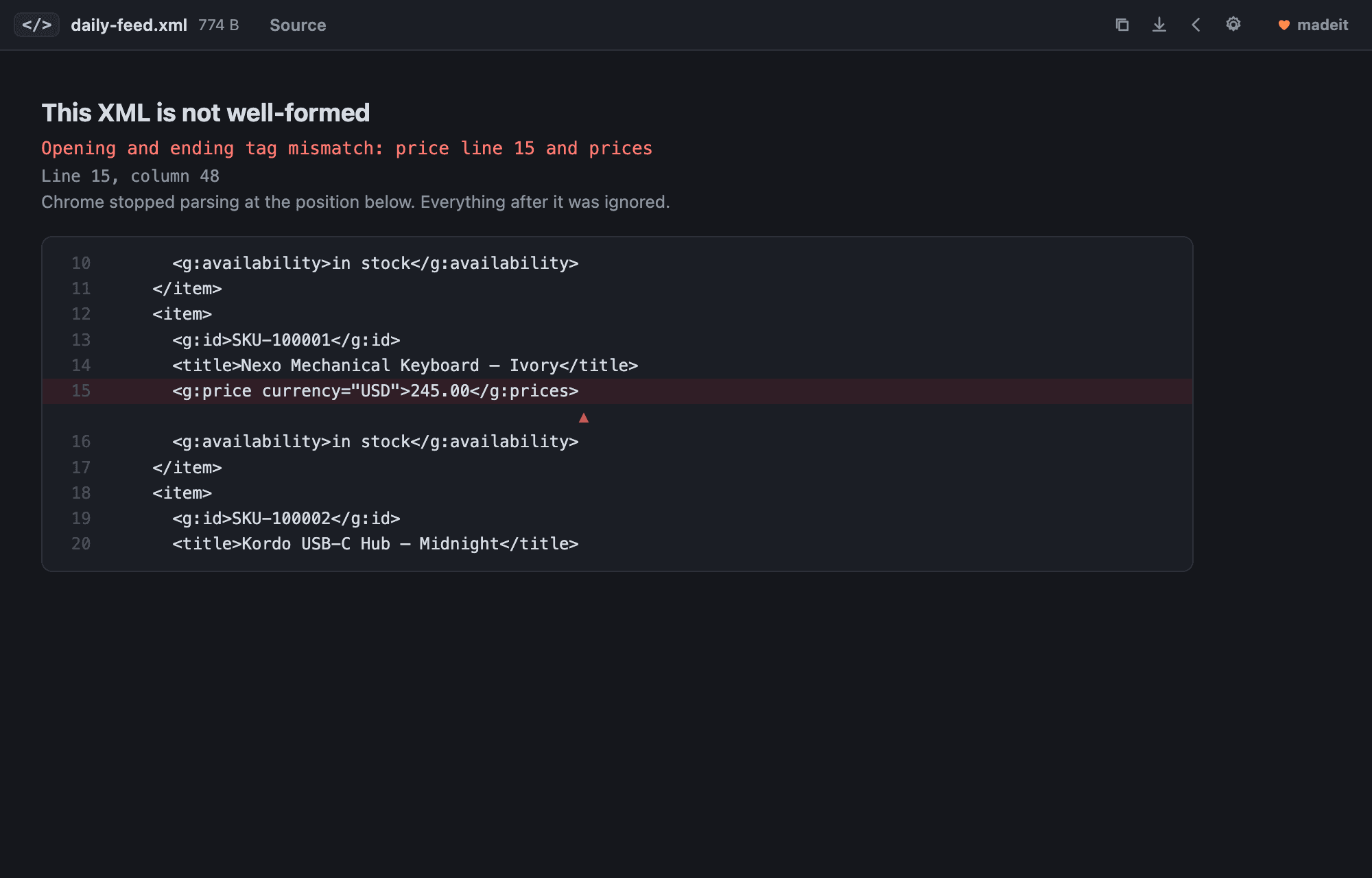 The extension's error view naming an opening and ending tag mismatch, with the failing source line highlighted and a caret marking the column.